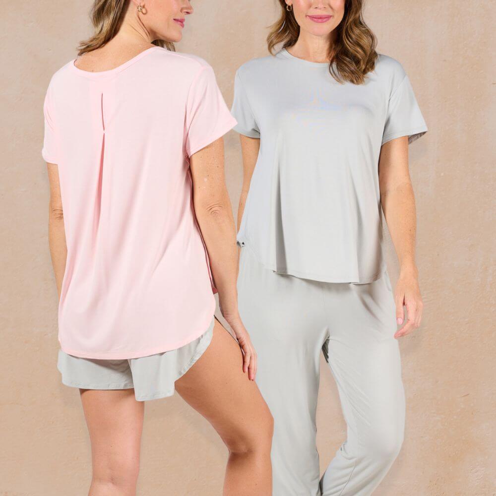 two woman modeling front and back of faceplant tulip style shirt