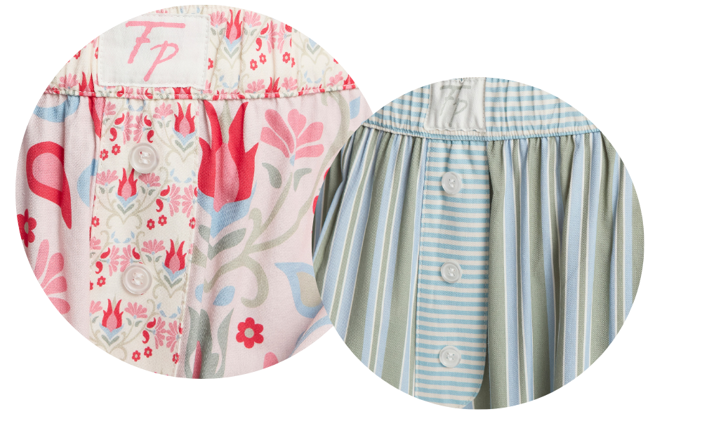 Close-up detail views of Faceplant's Cotton Woven Blend collection - one with a pink, red, and blue floral pattern, and one with sky blue and sage vertical stripes.